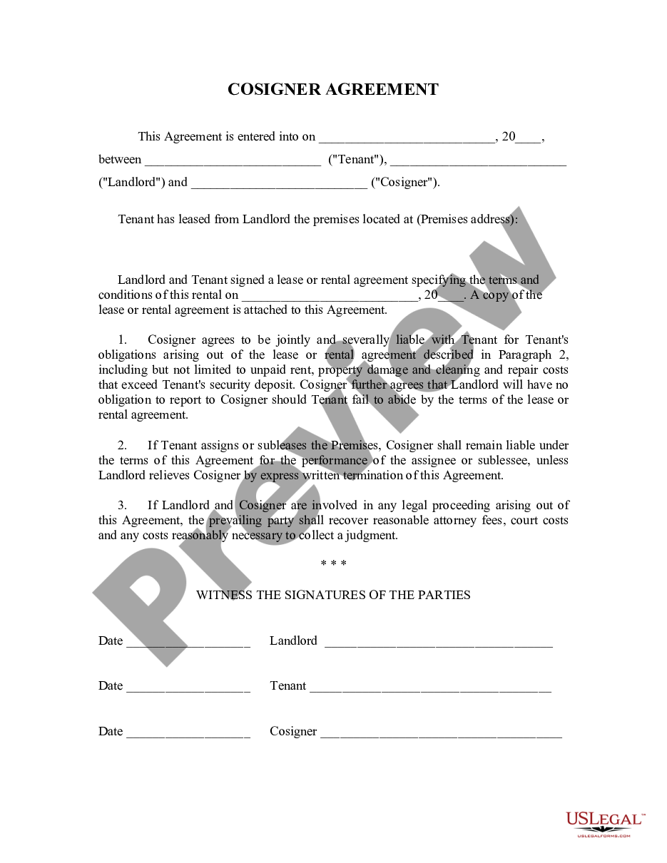 form Landlord Tenant Lease Co-Signer Agreement preview