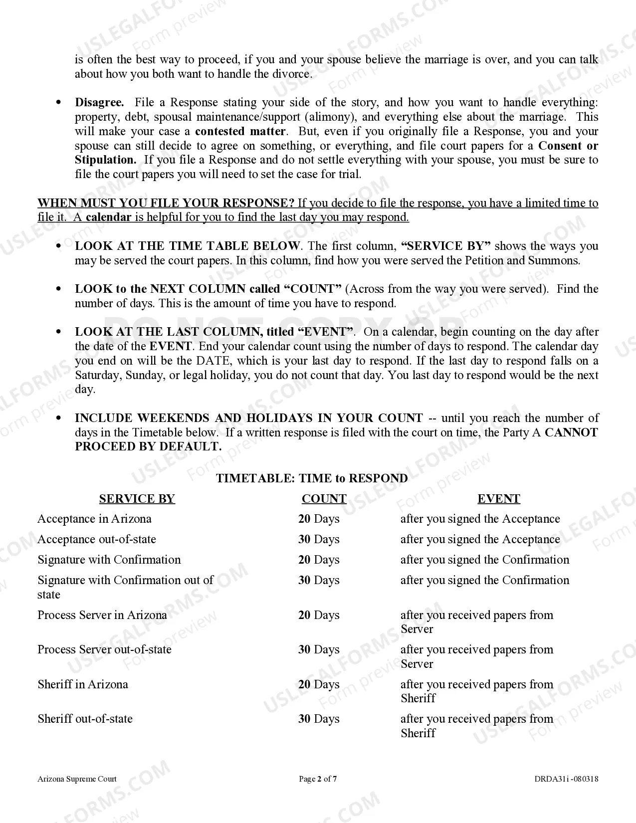 Preview Instructions - Response to Petition for Dissolution of a Non-Covenant Marriage - Divorce without children