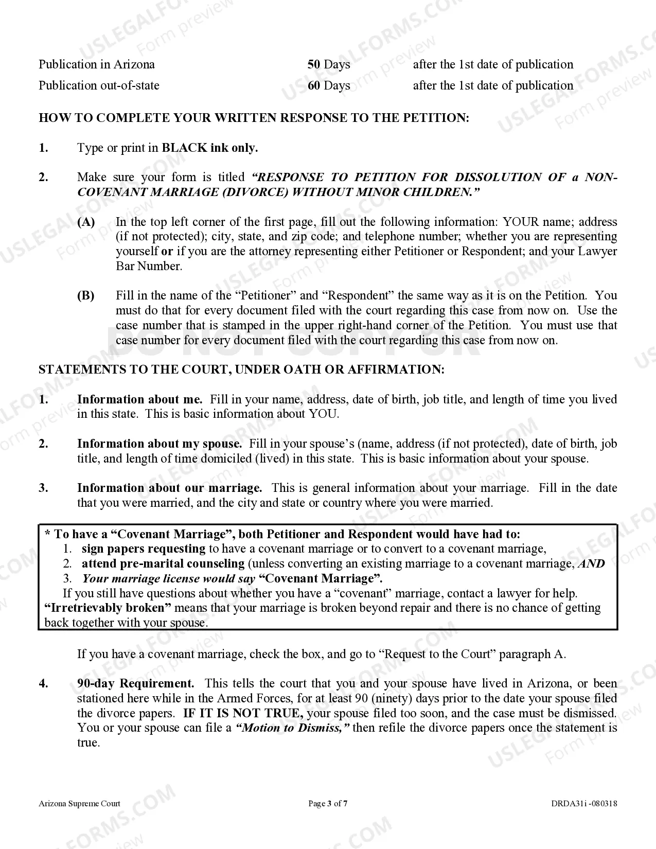 Preview Instructions - Response to Petition for Dissolution of a Non-Covenant Marriage - Divorce without children