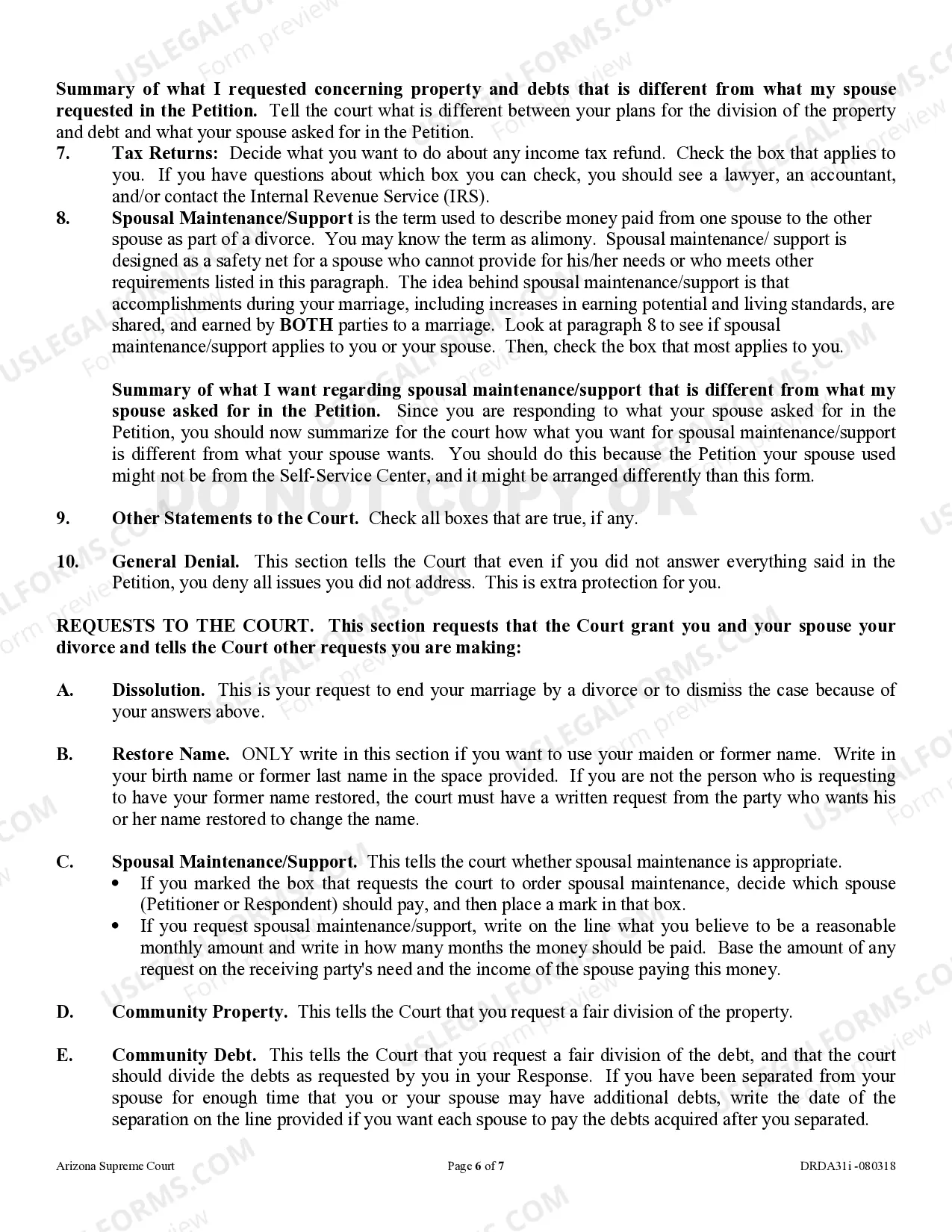 Preview Instructions - Response to Petition for Dissolution of a Non-Covenant Marriage - Divorce without children