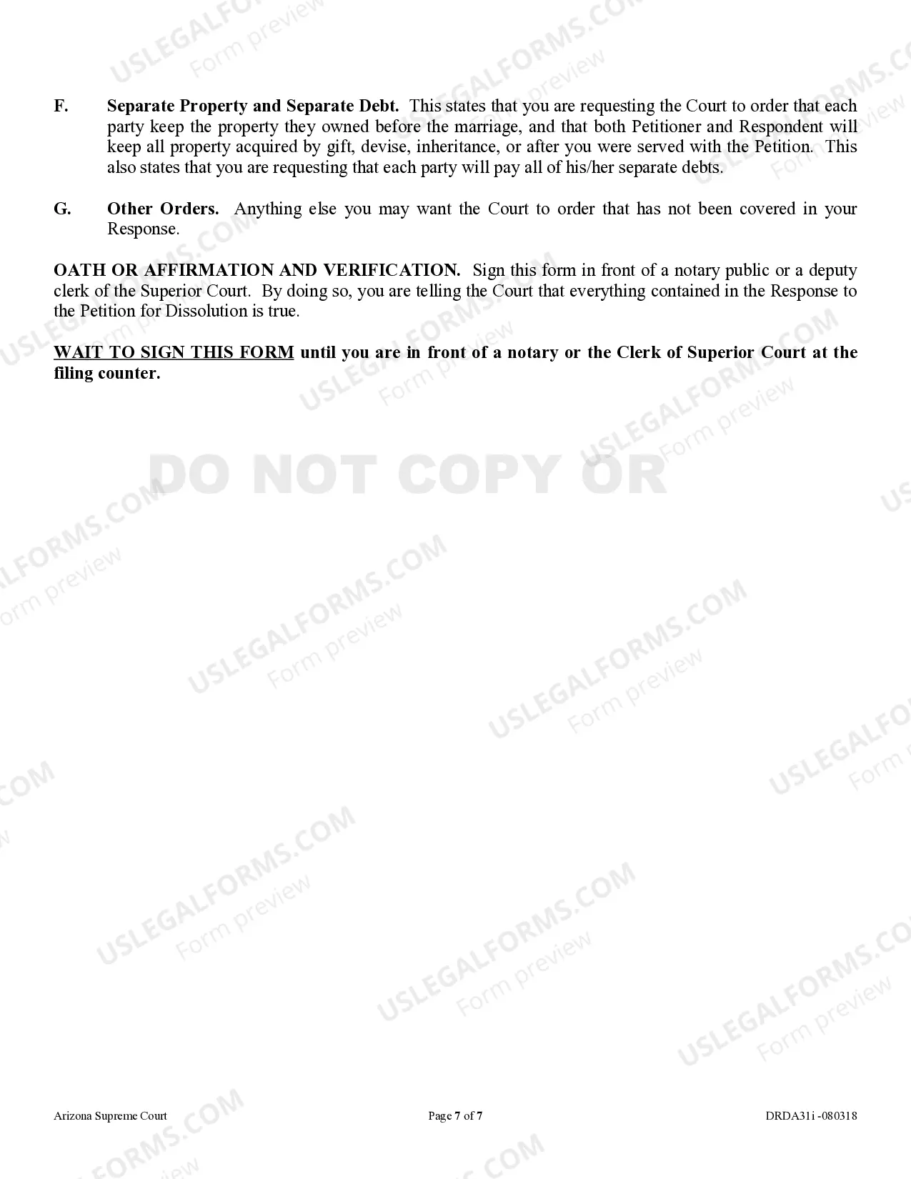 Preview Instructions - Response to Petition for Dissolution of a Non-Covenant Marriage - Divorce without children
