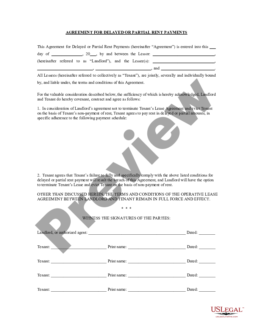 Arizona Agreement For Delayed Or Partial Rent Payments Us Legal Forms 6541