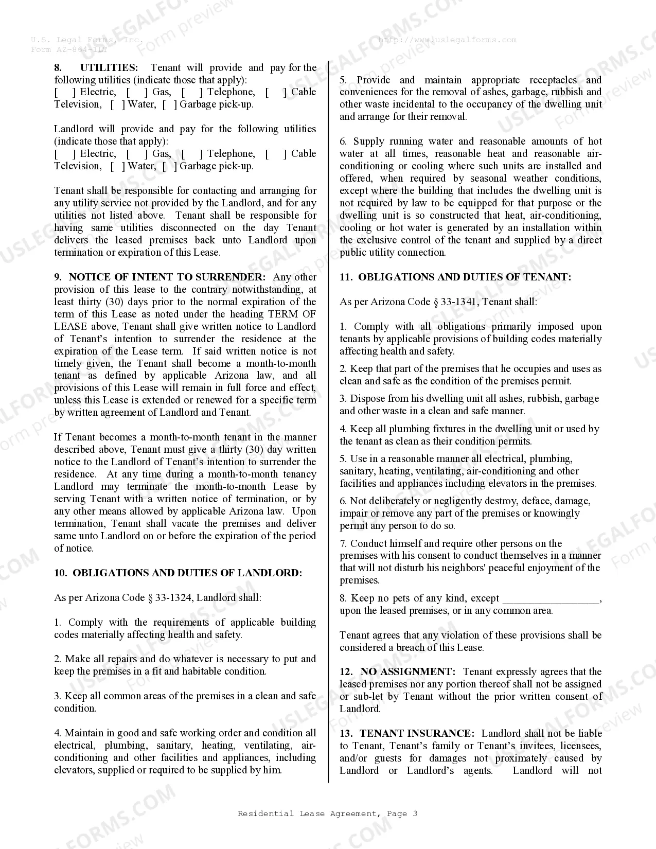 Preview Residential Lease or Rental Agreement for Month to Month