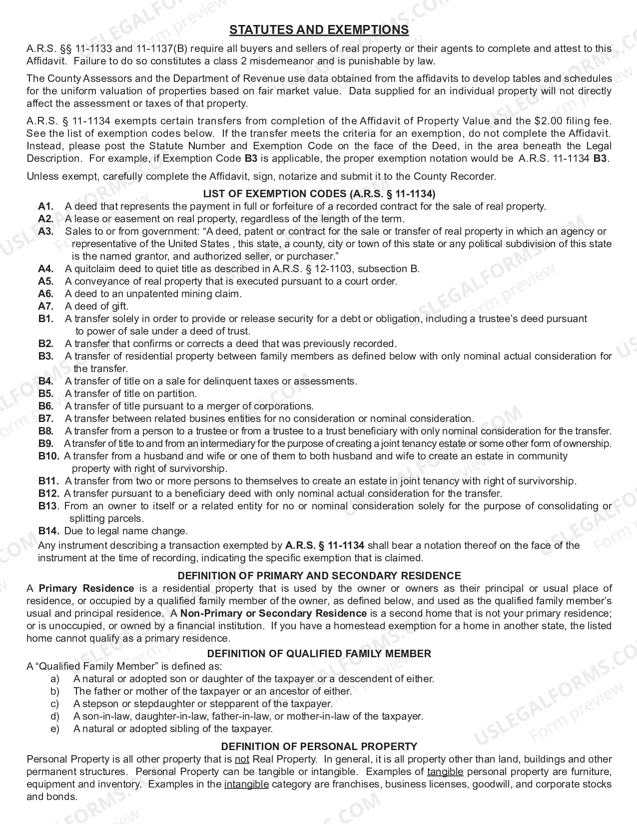 Preview Arizona Affidavit of Property Value