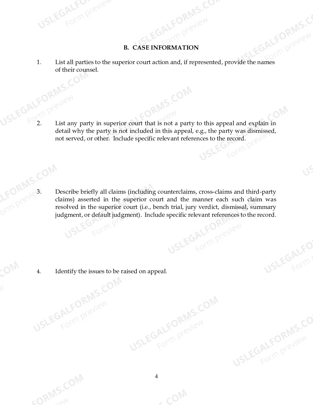 Preview Case Management Statement with Instructions