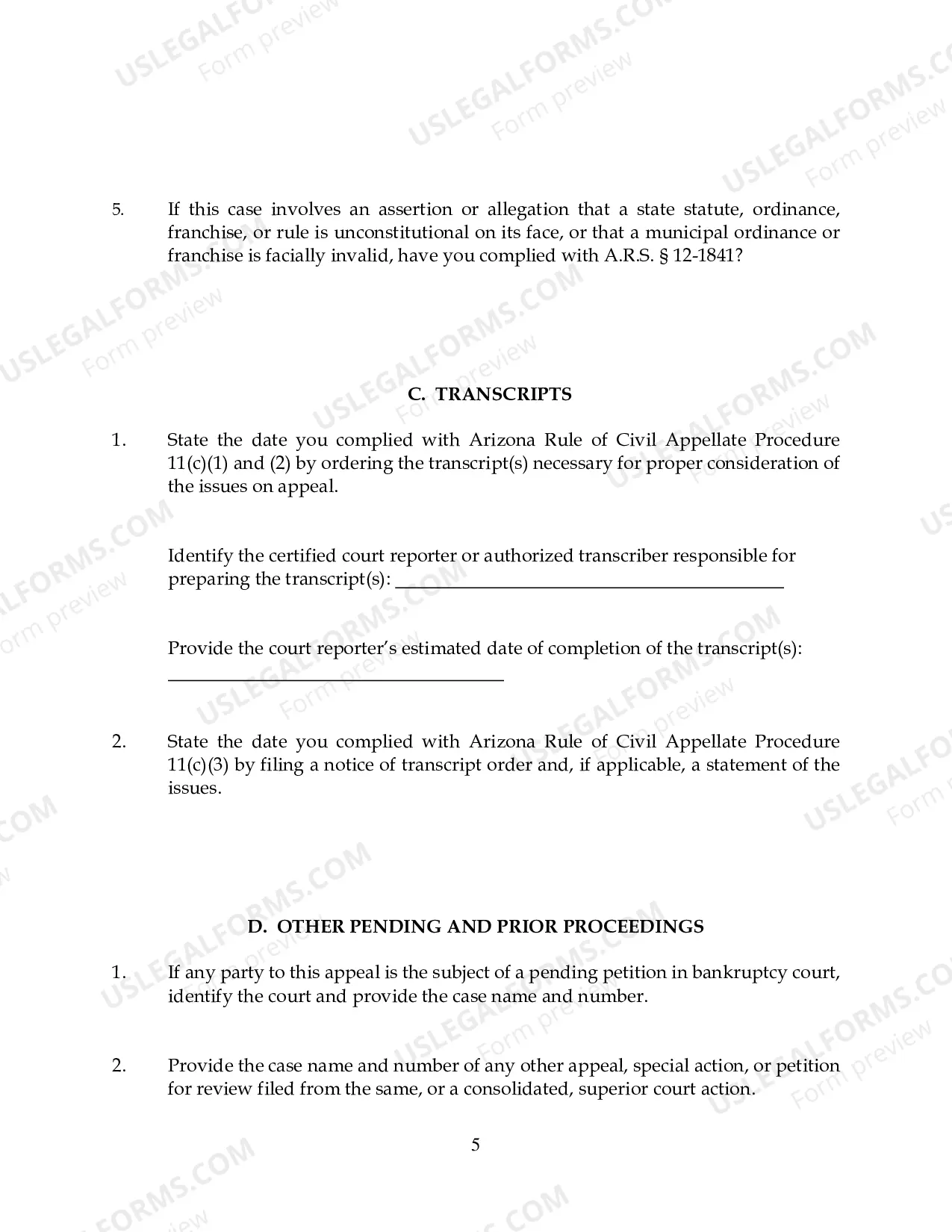 Preview Case Management Statement with Instructions