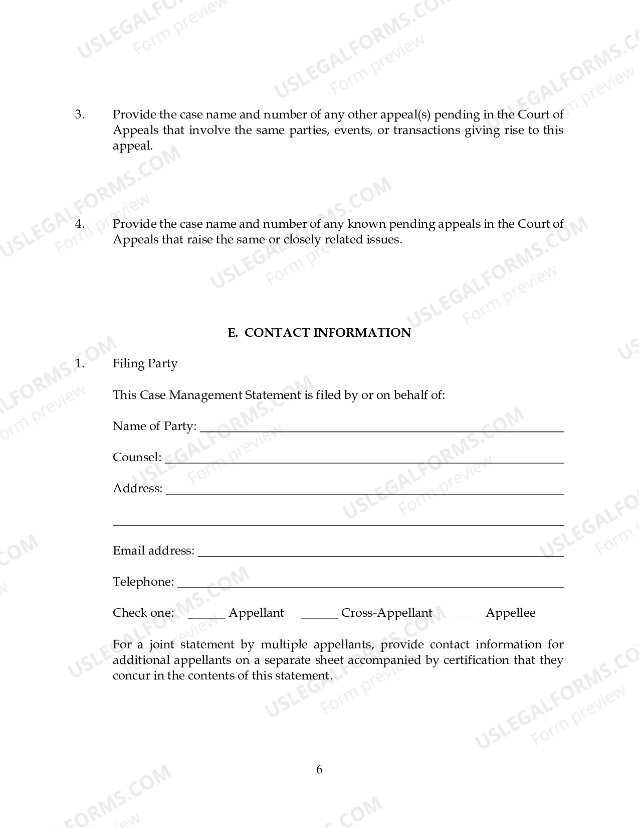 Preview Case Management Statement with Instructions