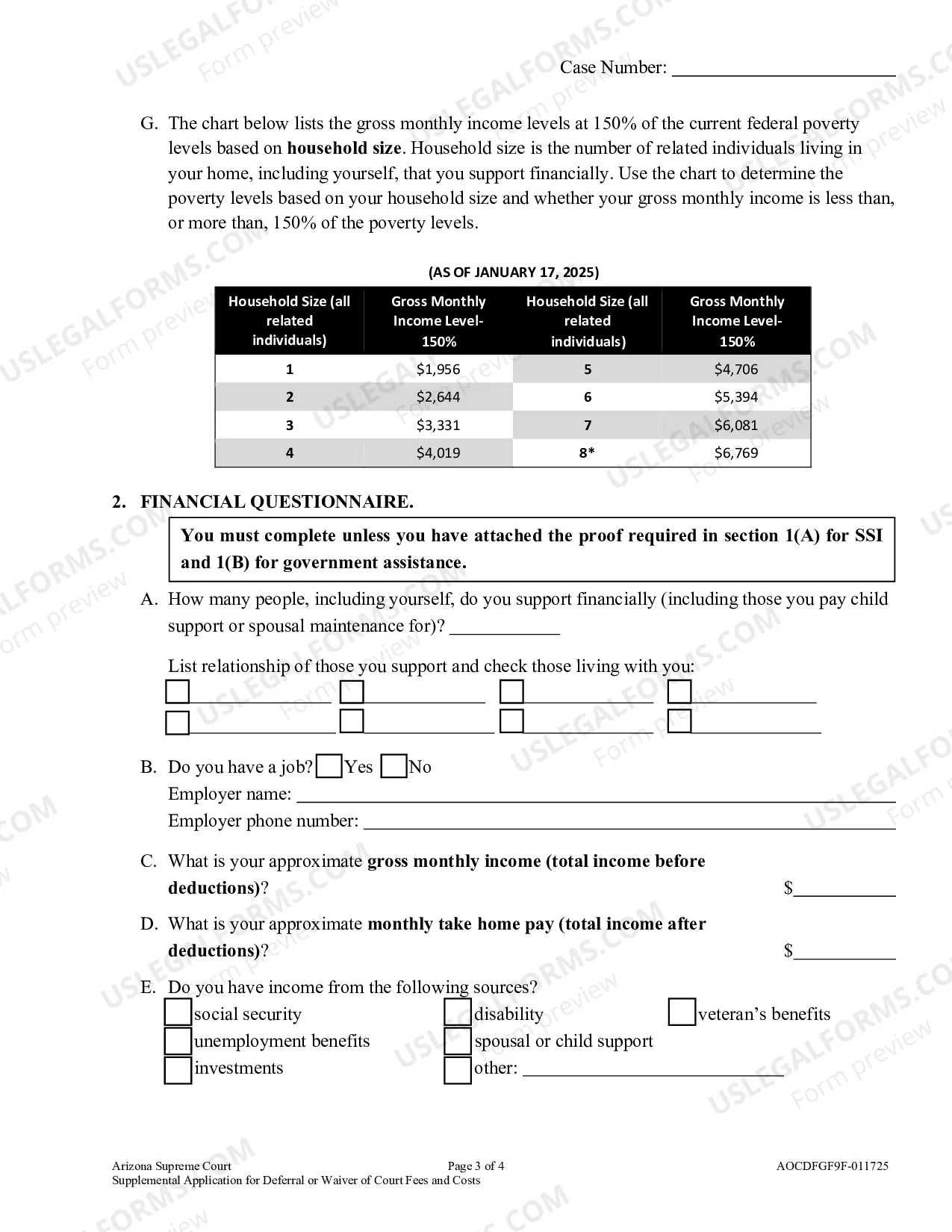 Preview Supplemental Application for Deferral or Waiver of Court Fees and/or Costs
