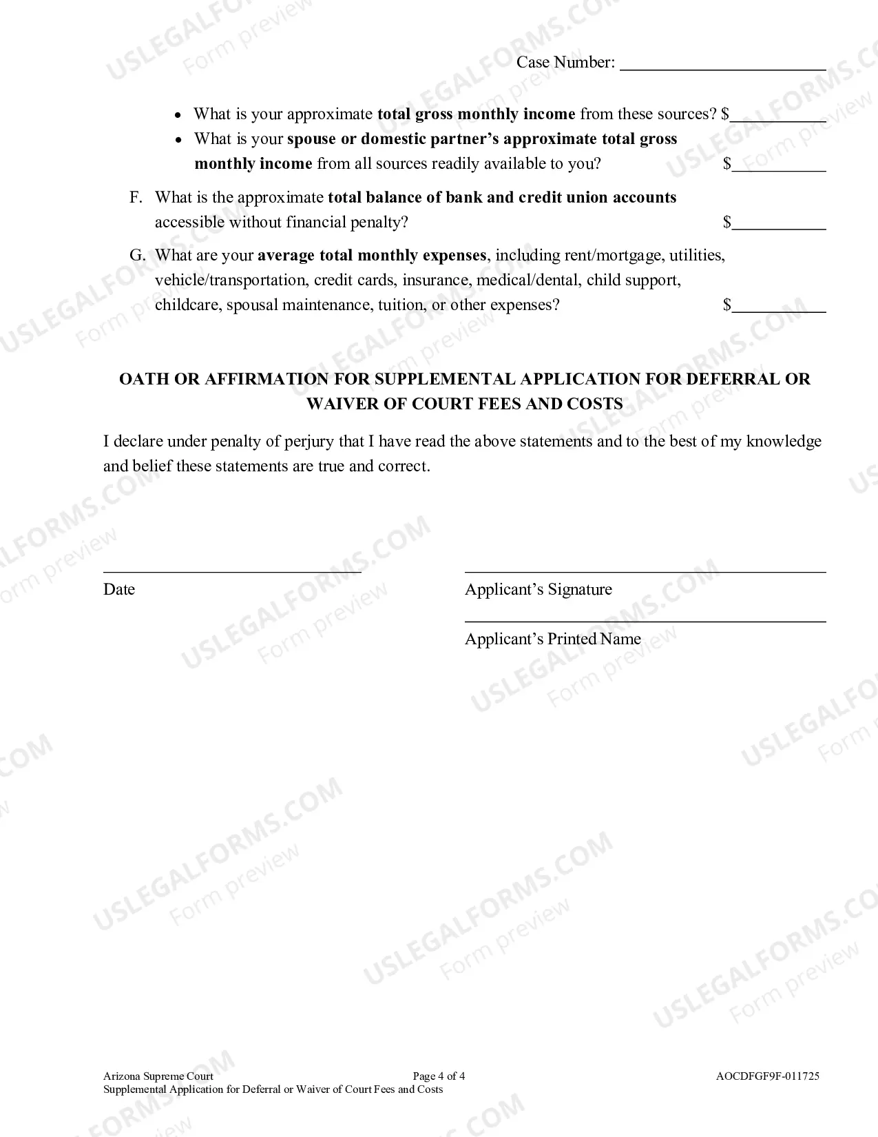 Preview Supplemental Application for Deferral or Waiver of Court Fees and/or Costs