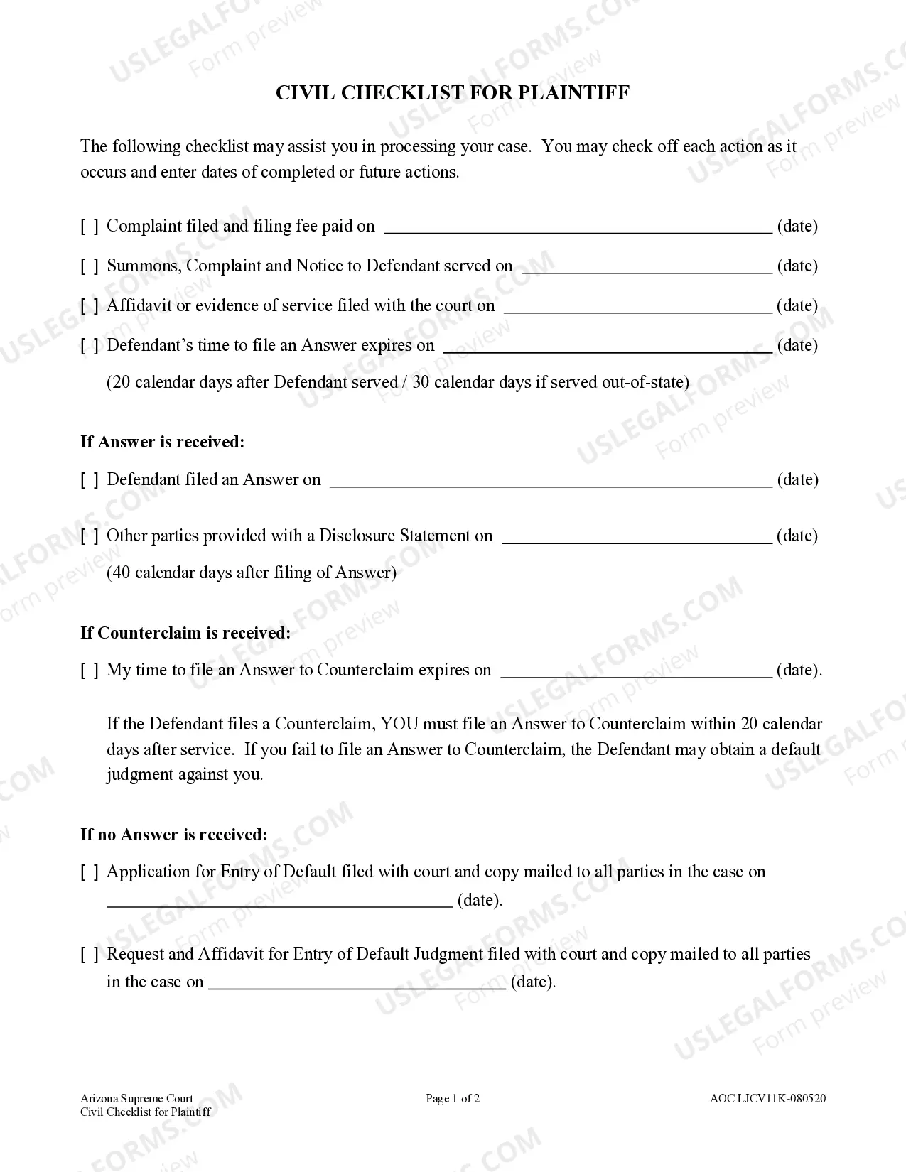 Preview Civil Checklist for Plaintiff - Limited Jurisdiction Court - Claims up to $10,000