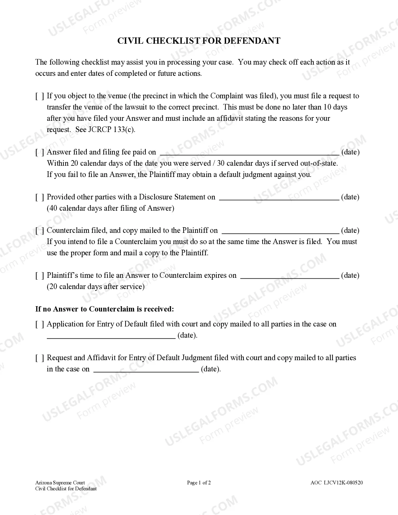 Preview Civil Checklist for Defendant - Limited Jurisdiction Court - Claims up to $10,000