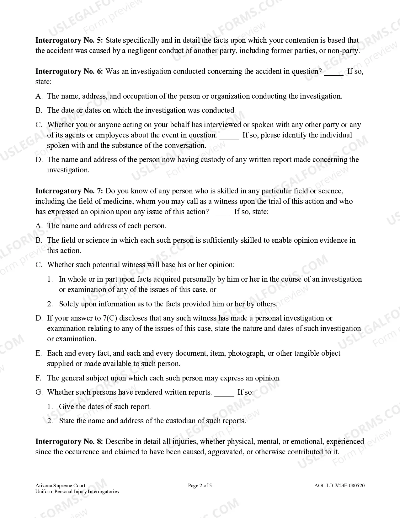 Preview Civil Uniform Personal Injury Interrogatories - Limited Jurisdiction Court - Claims up to $10,000