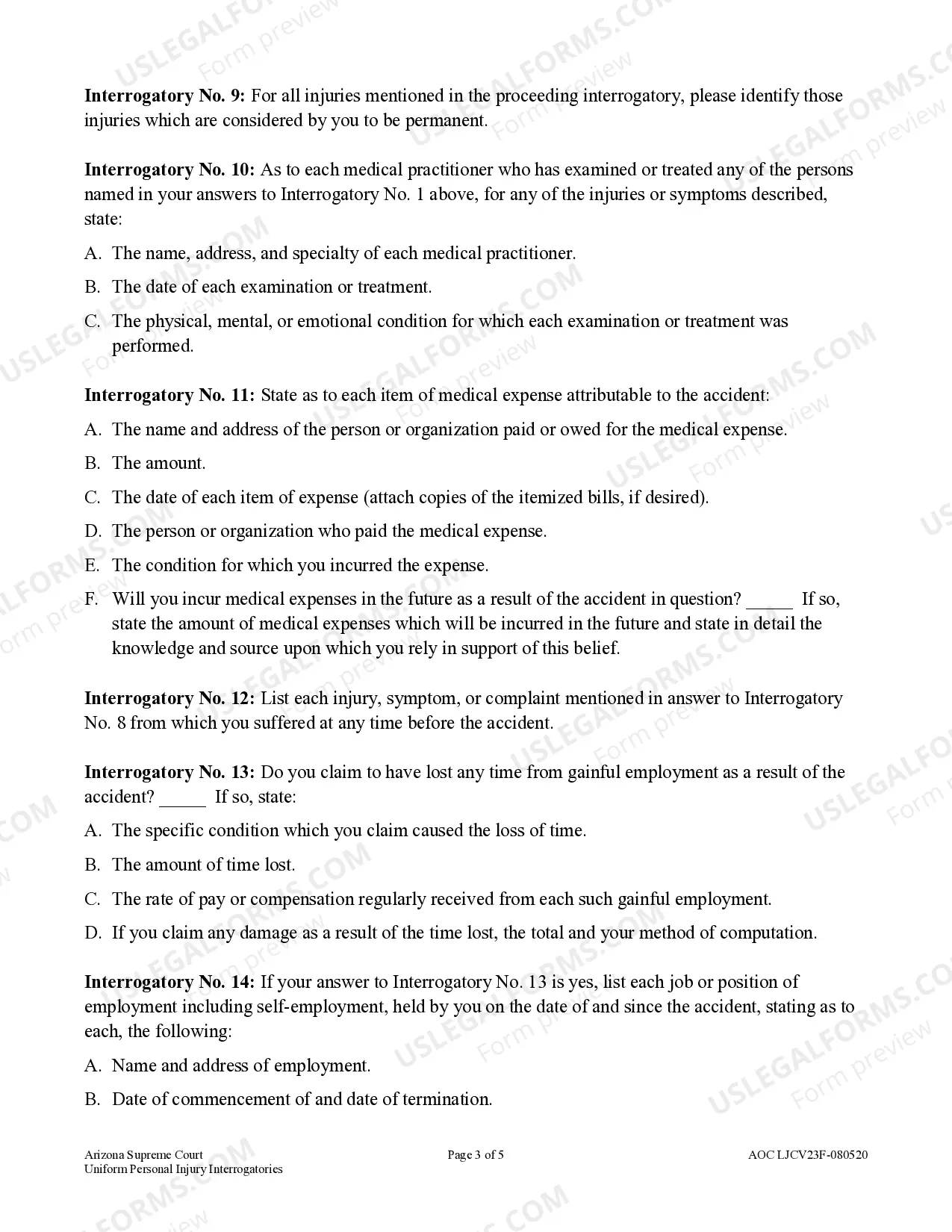 Preview Civil Uniform Personal Injury Interrogatories - Limited Jurisdiction Court - Claims up to $10,000