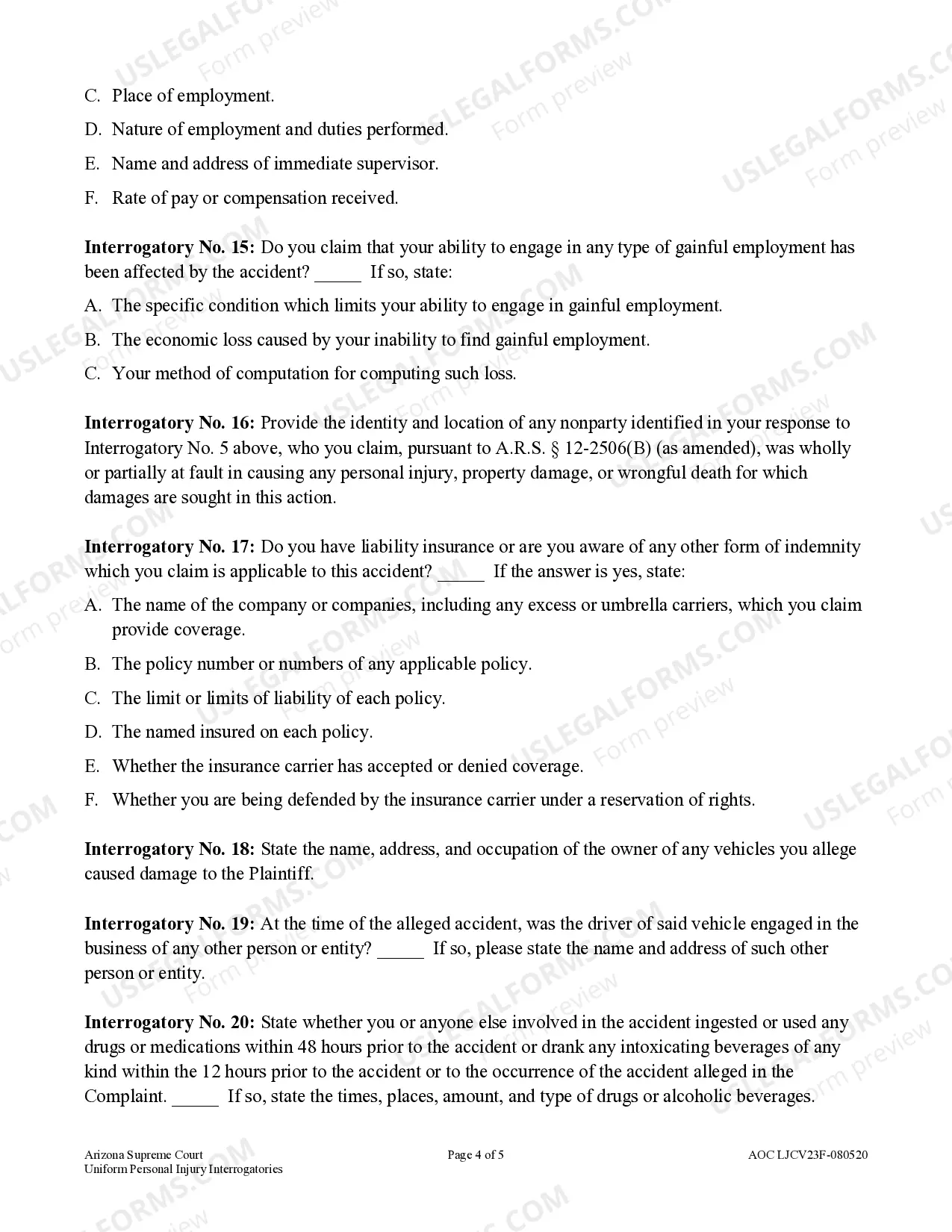 Preview Civil Uniform Personal Injury Interrogatories - Limited Jurisdiction Court - Claims up to $10,000