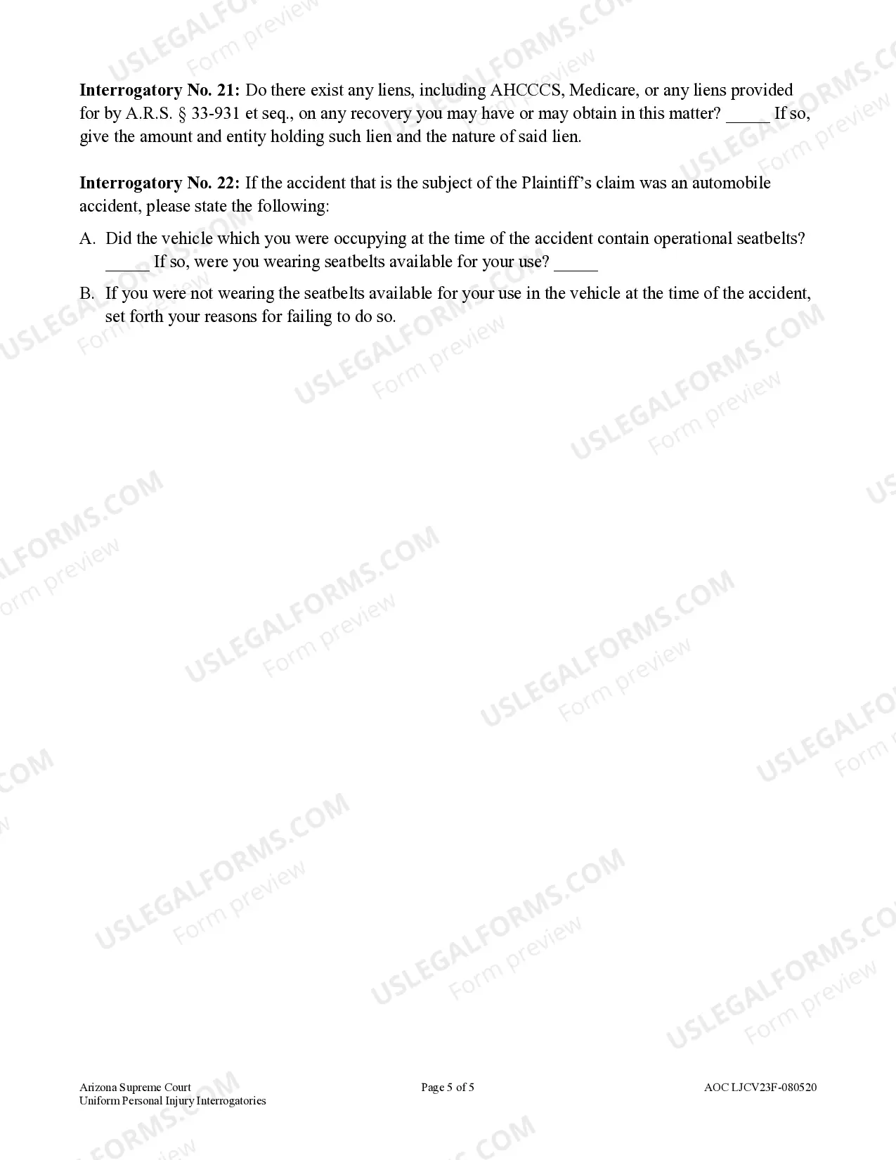 Preview Civil Uniform Personal Injury Interrogatories - Limited Jurisdiction Court - Claims up to $10,000