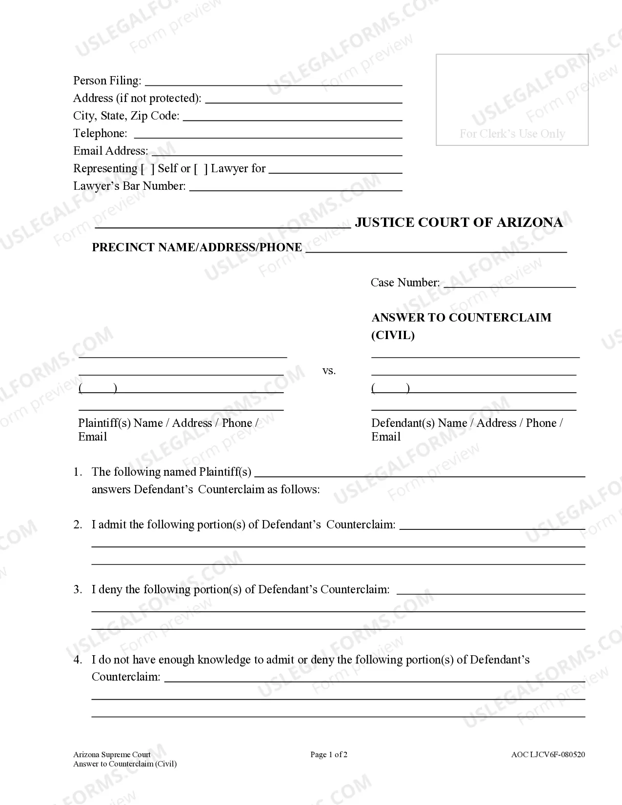 Preview Civil Answer to Counterclaim - Limited Jurisdiction Court - Claims up to $10,000