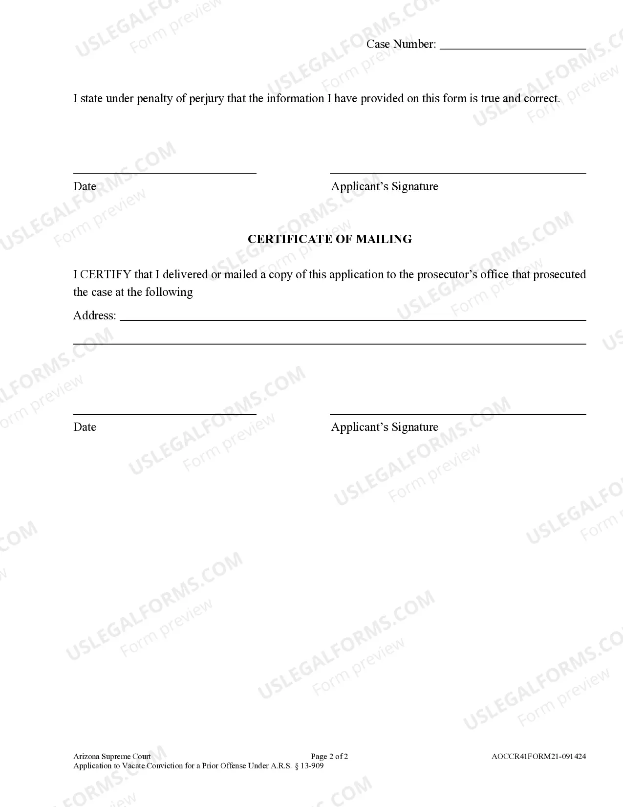 Preview Application to Vacate Conviction under A.R.S. 13-909