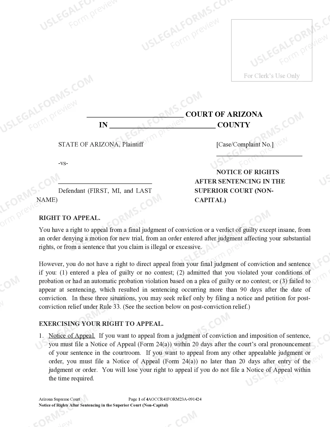 Arizona Notice of Rights after Sentencing in the Superior Court - Non ...