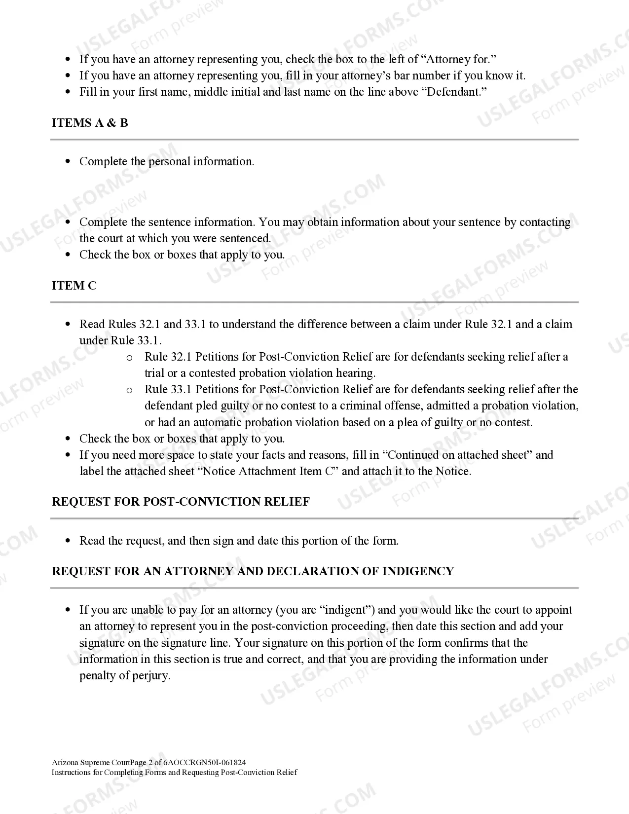 Preview Instructions for Completing Forms and Requesting Post-Conviction Relief