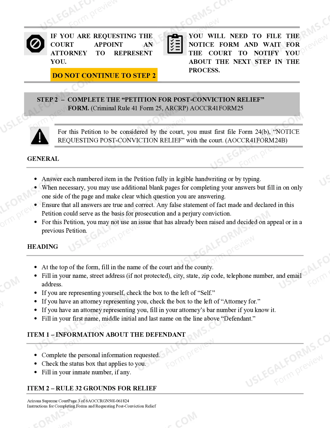 Preview Instructions for Completing Forms and Requesting Post-Conviction Relief