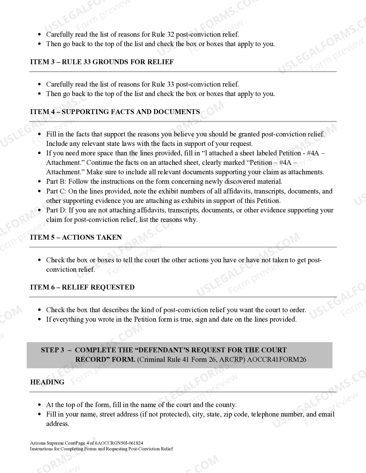 Preview Instructions for Completing Forms and Requesting Post-Conviction Relief