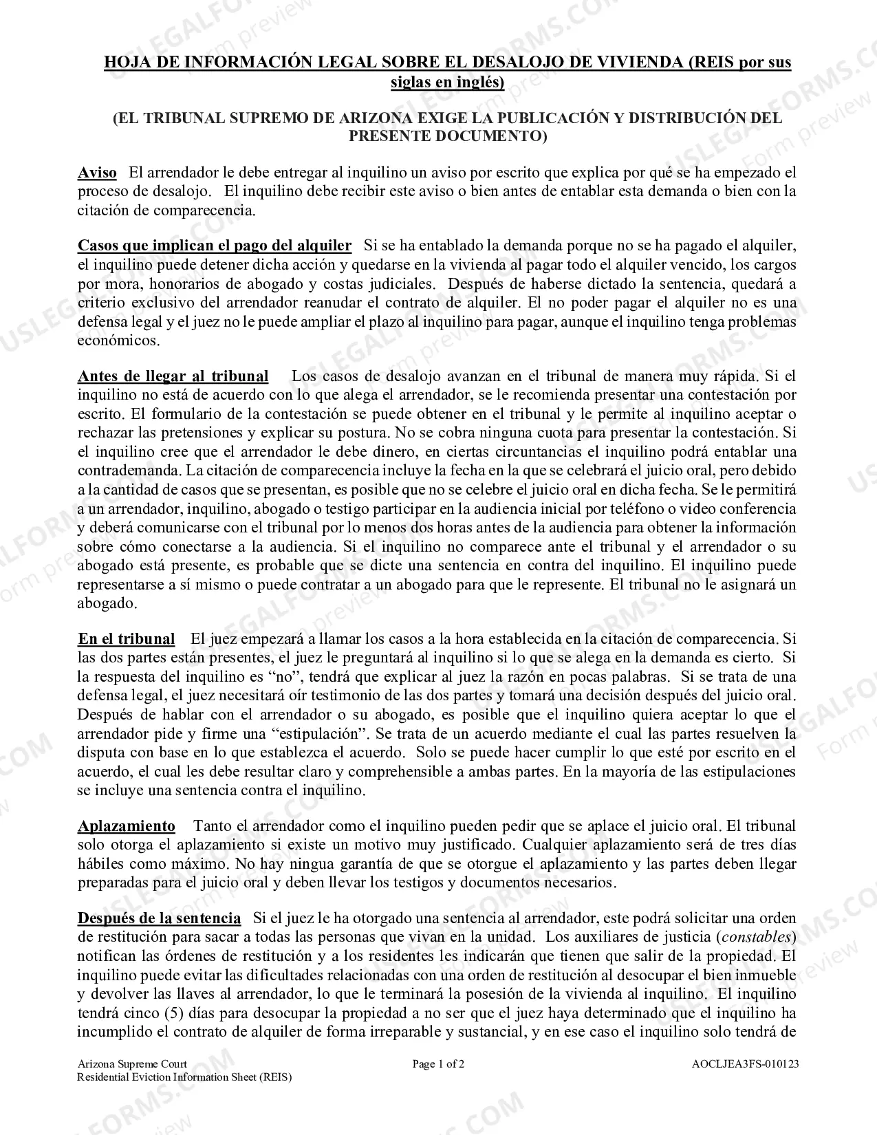 Preview Residential Eviction Information Sheet - Spanish