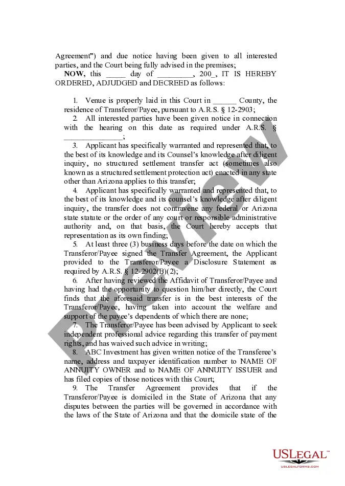 Preview Application for Approval of Transfer of Structured Settlement Payment Rights