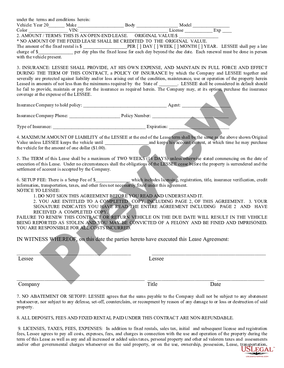 page 1 Lease of Auto - Application and Agreement preview