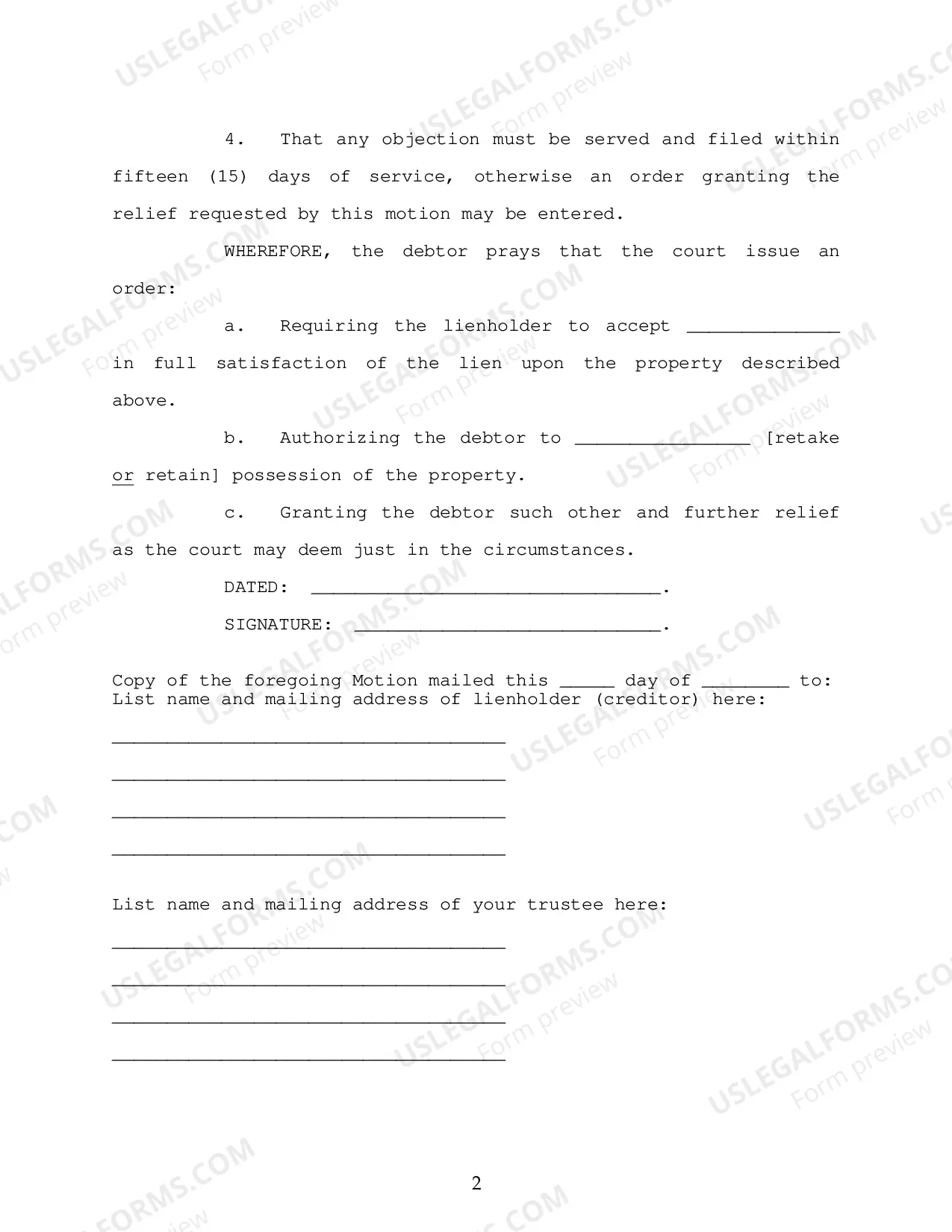 Preview Motion For Order Authorizing Redemption of Personal Property