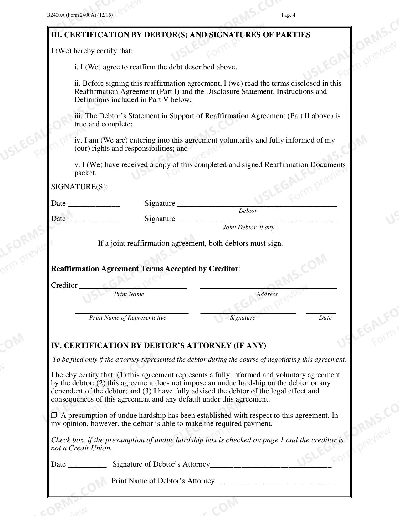 Preview Download Reaffirmation Agreement
