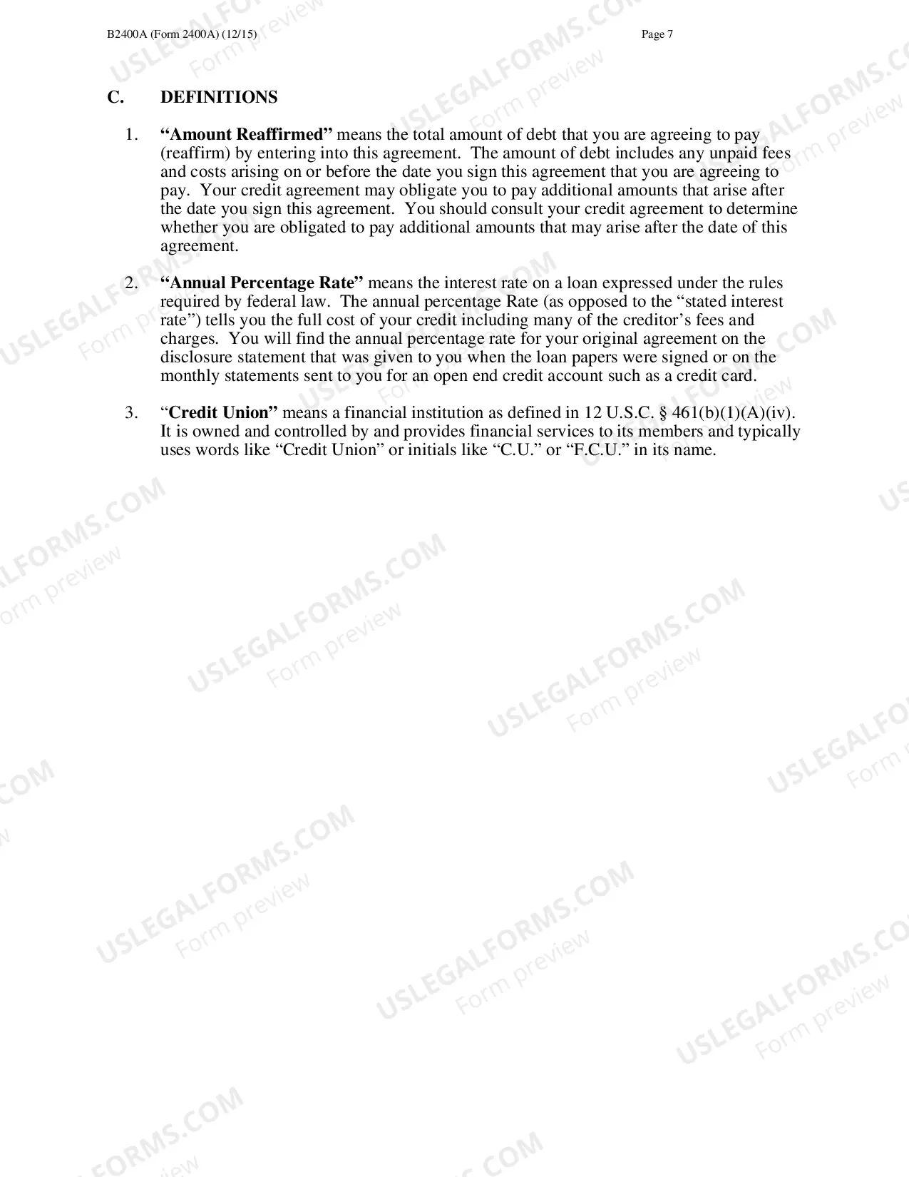 Preview Download Reaffirmation Agreement