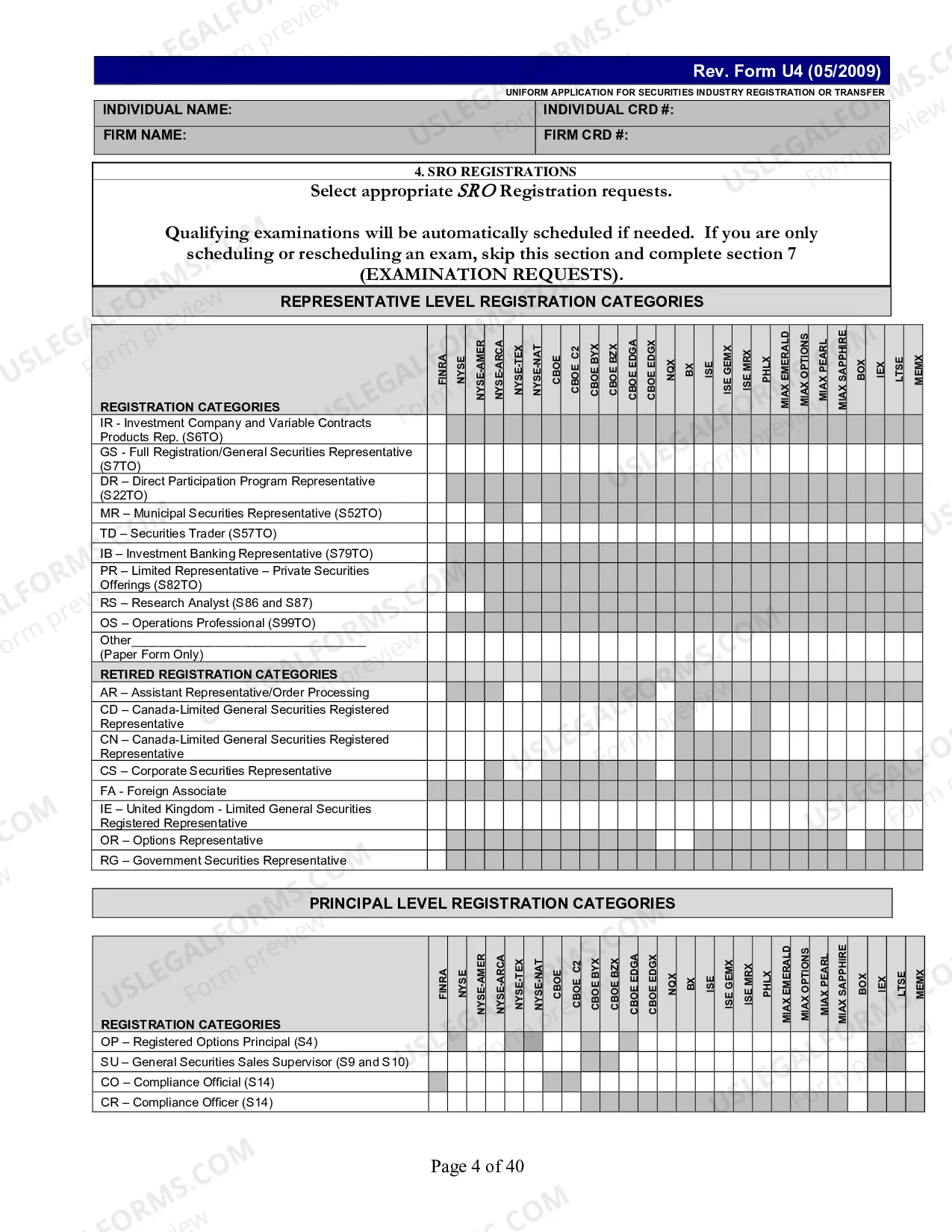 Preview UNIFORM APPLICATION FOR SECURITIES INDUSTRY REGISTRATION OR TRANSFER Form U4