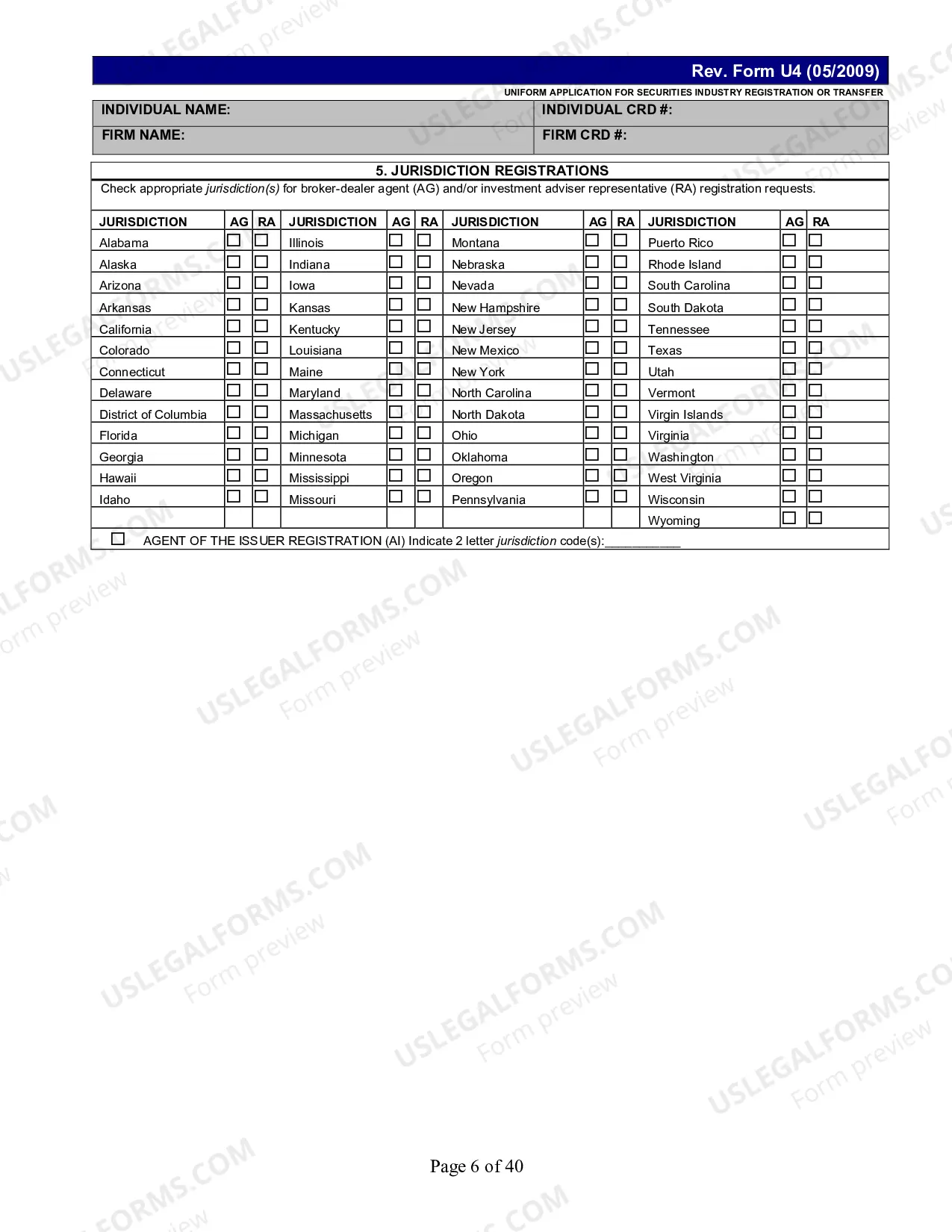 Preview UNIFORM APPLICATION FOR SECURITIES INDUSTRY REGISTRATION OR TRANSFER Form U4