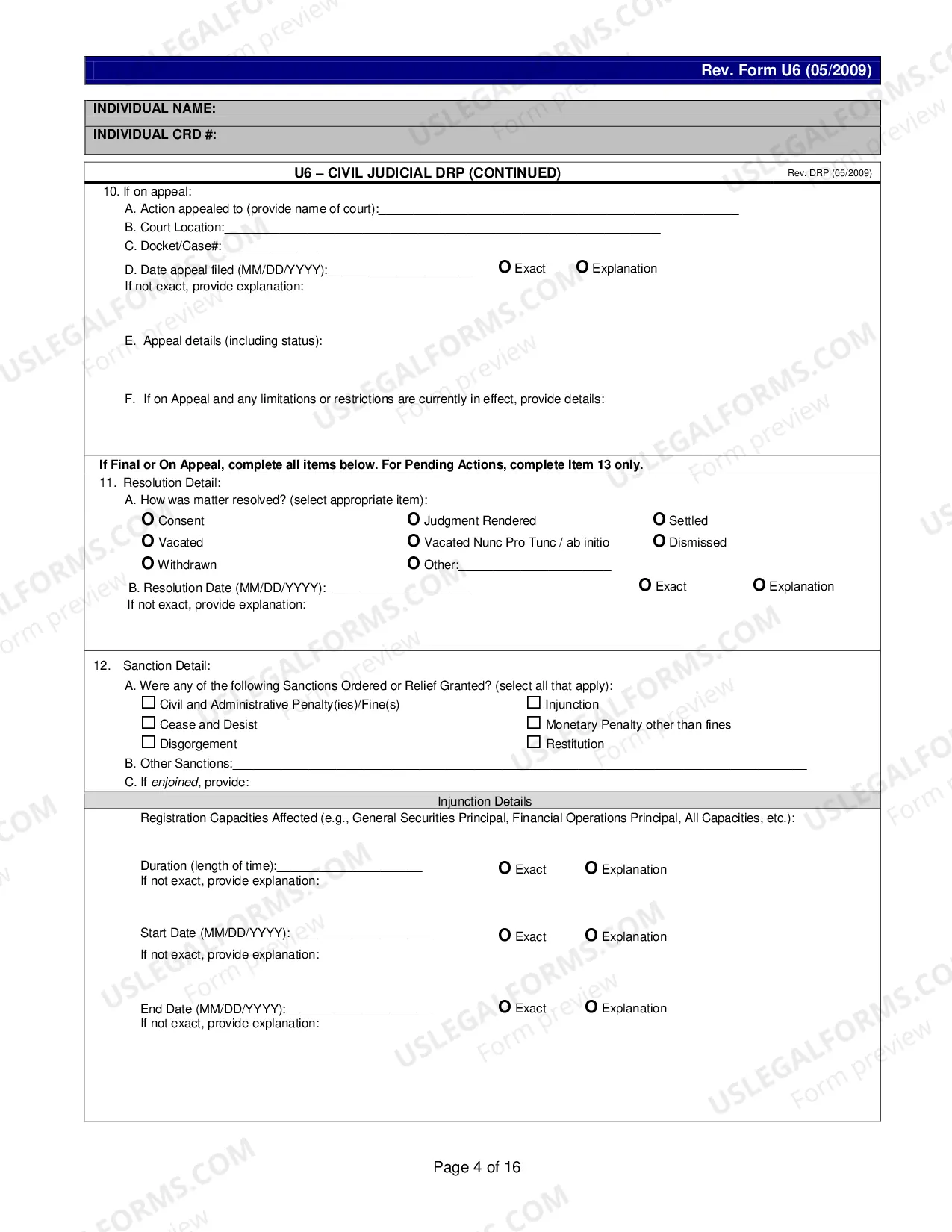 Preview Form U6 for CRD Individual