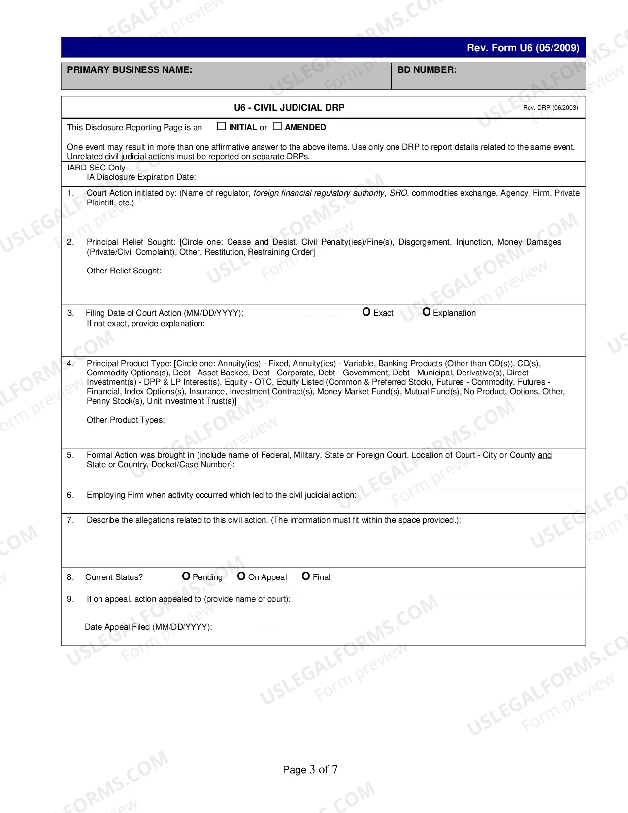Preview Form U6 for CRD/IARD Organization