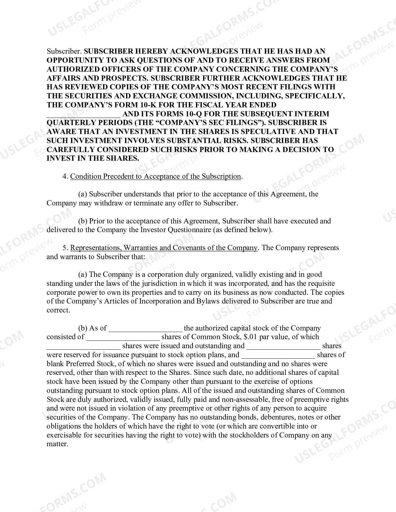 Preview Accredited Investor Subscription Agreement