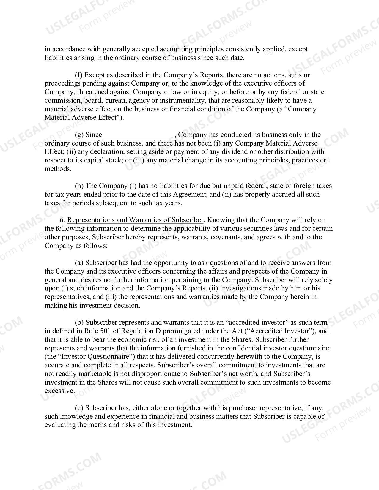 Preview Accredited Investor Subscription Agreement