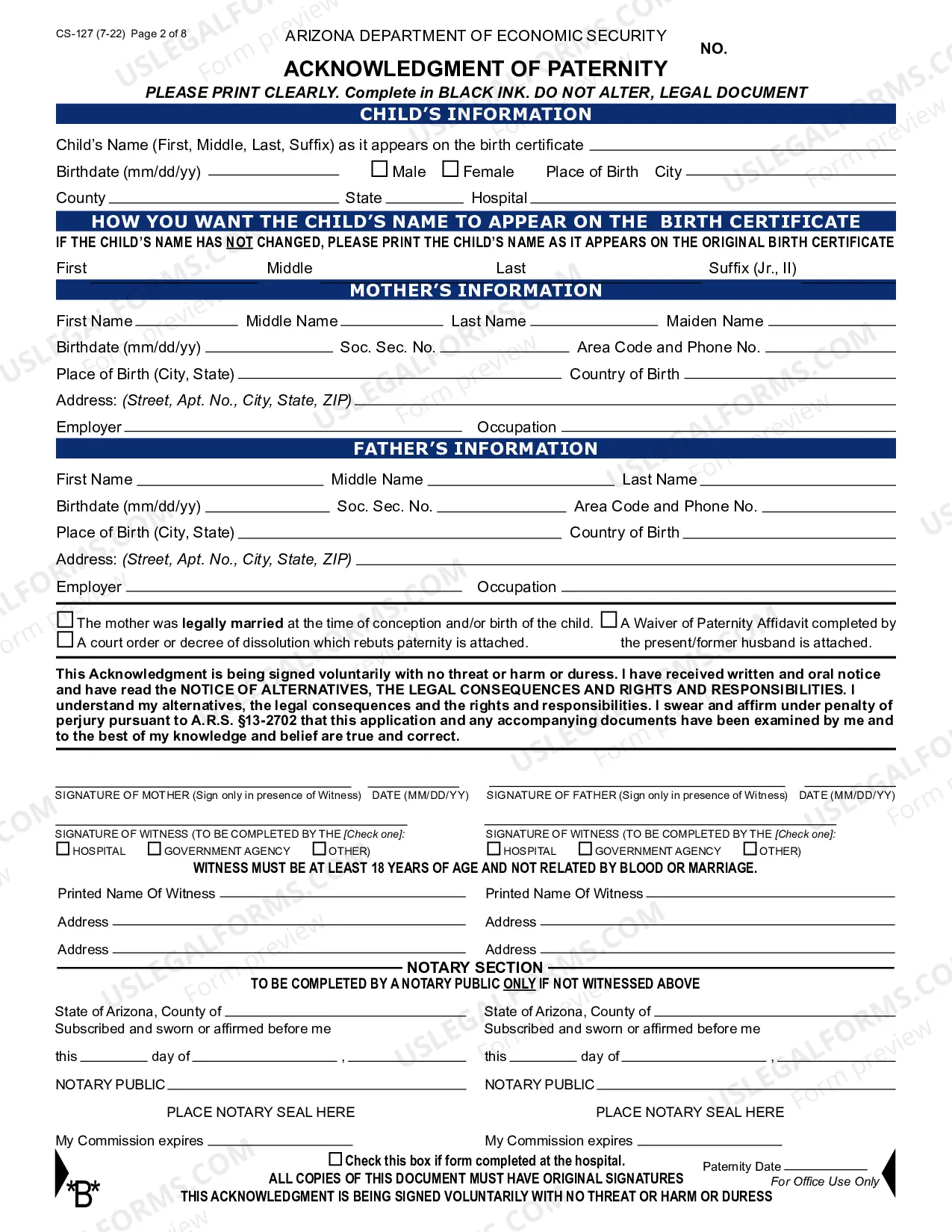 Preview Acknowledgment of Paternity and Additional Information Regarding the Father - English and Spanish