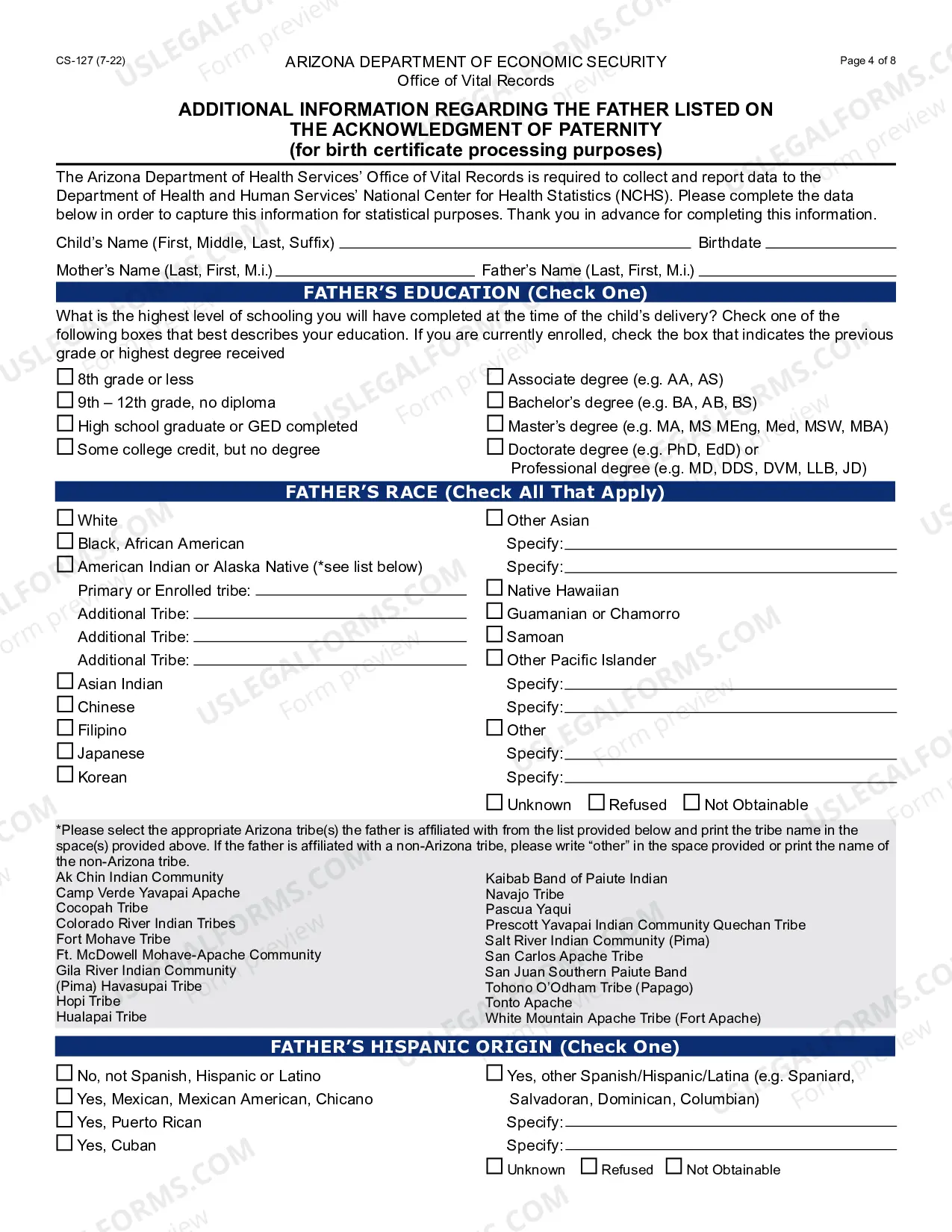 Preview Acknowledgment of Paternity and Additional Information Regarding the Father - English and Spanish