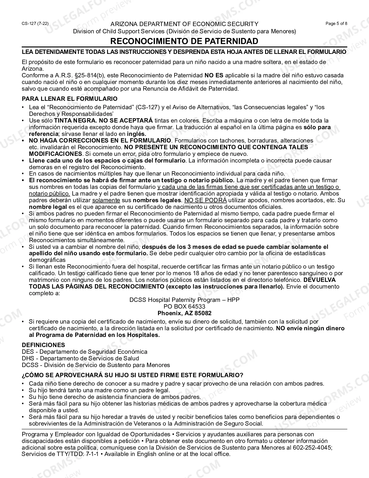 Preview Acknowledgment of Paternity and Additional Information Regarding the Father - English and Spanish