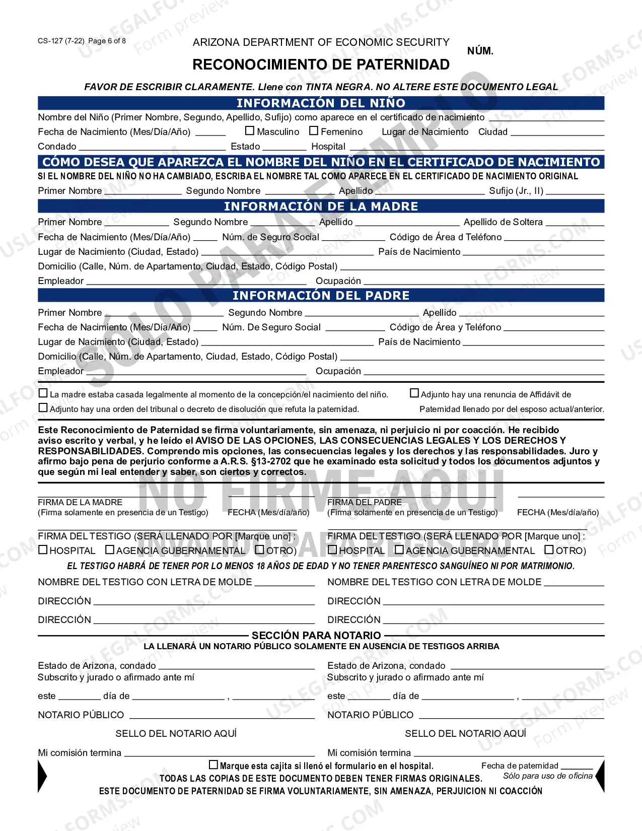 Preview Acknowledgment of Paternity and Additional Information Regarding the Father - English and Spanish