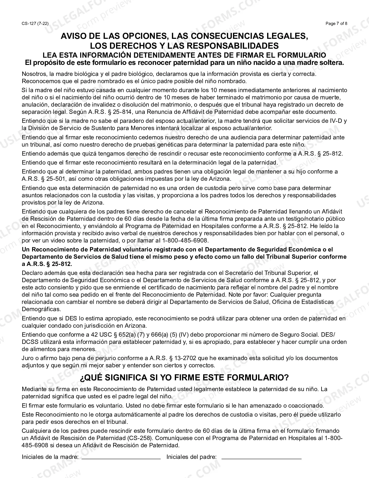 Preview Acknowledgment of Paternity and Additional Information Regarding the Father - English and Spanish