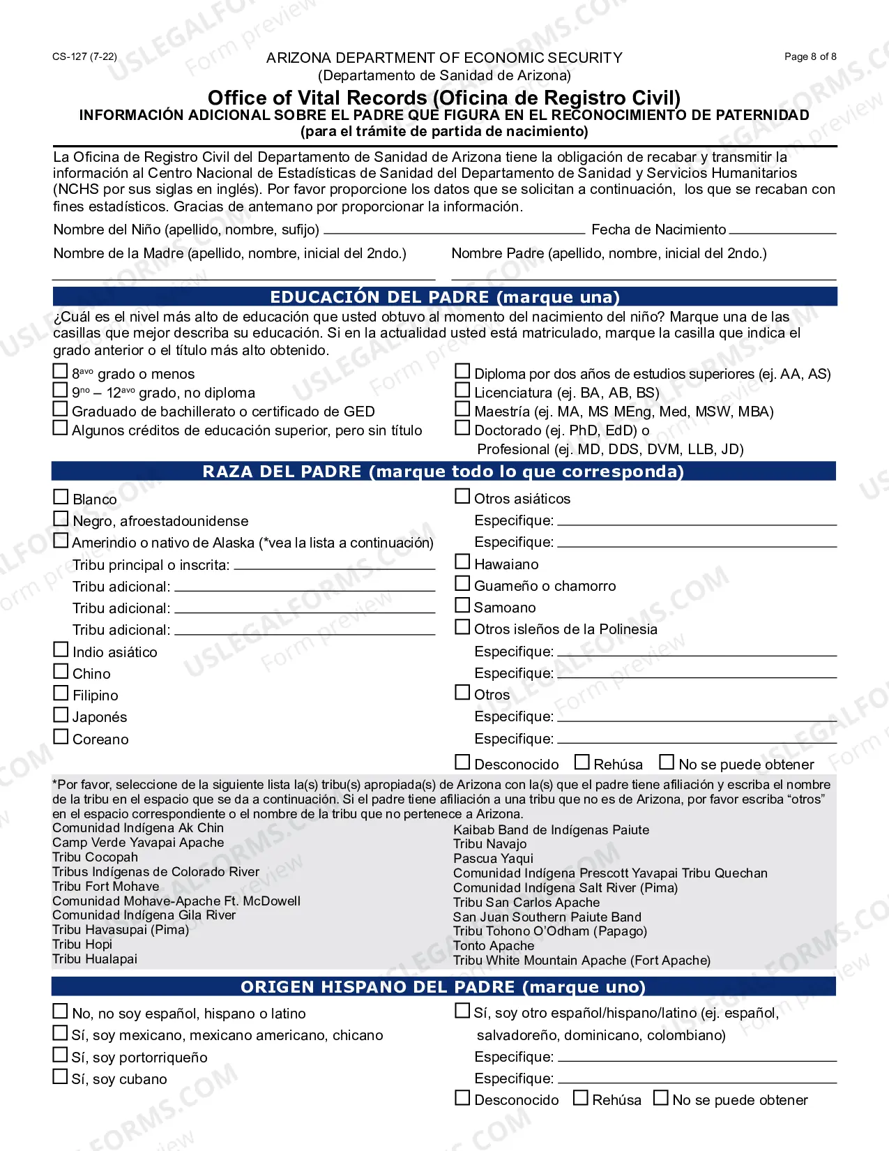 Preview Acknowledgment of Paternity and Additional Information Regarding the Father - English and Spanish