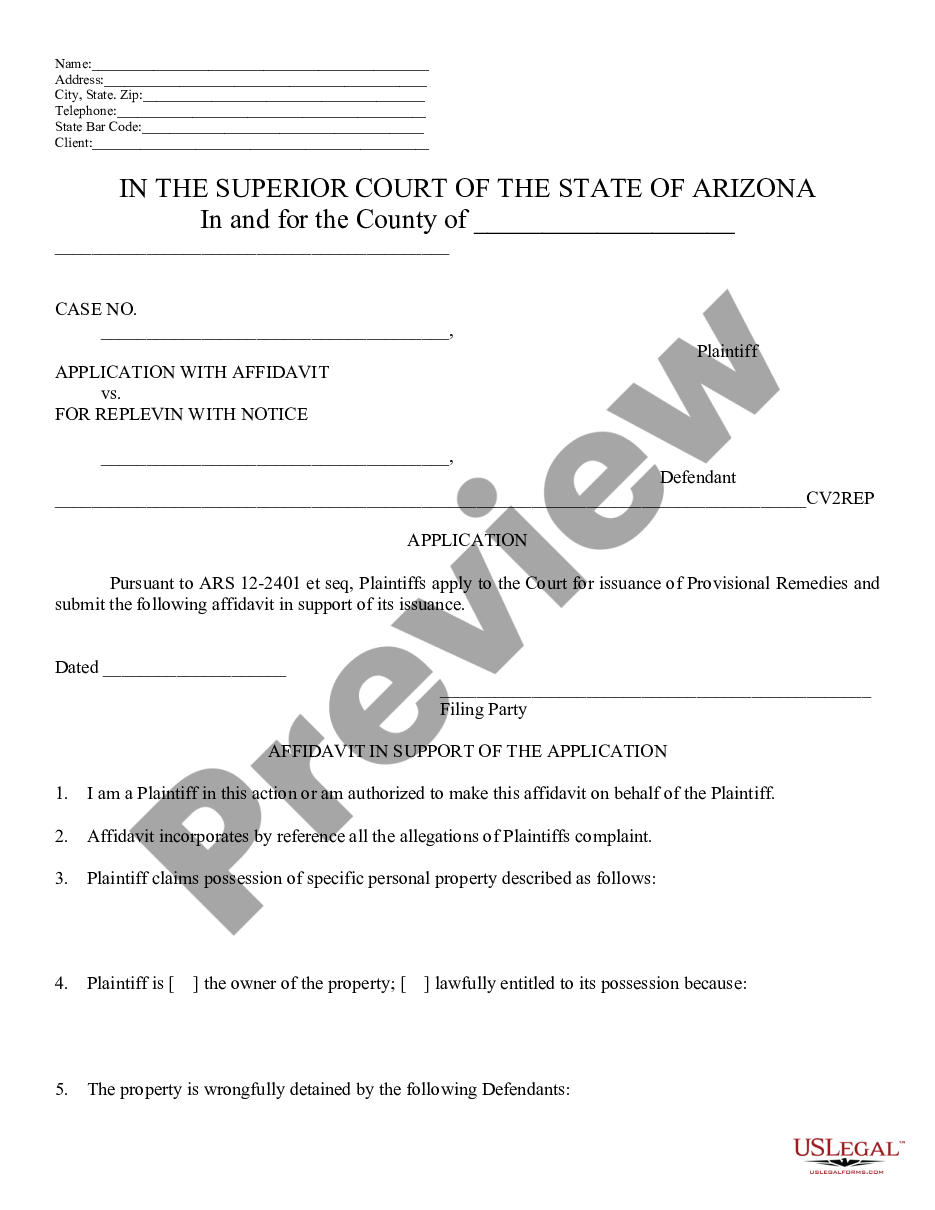 page 0 Application with Affidavit for Replevin or Repossession with Notice preview