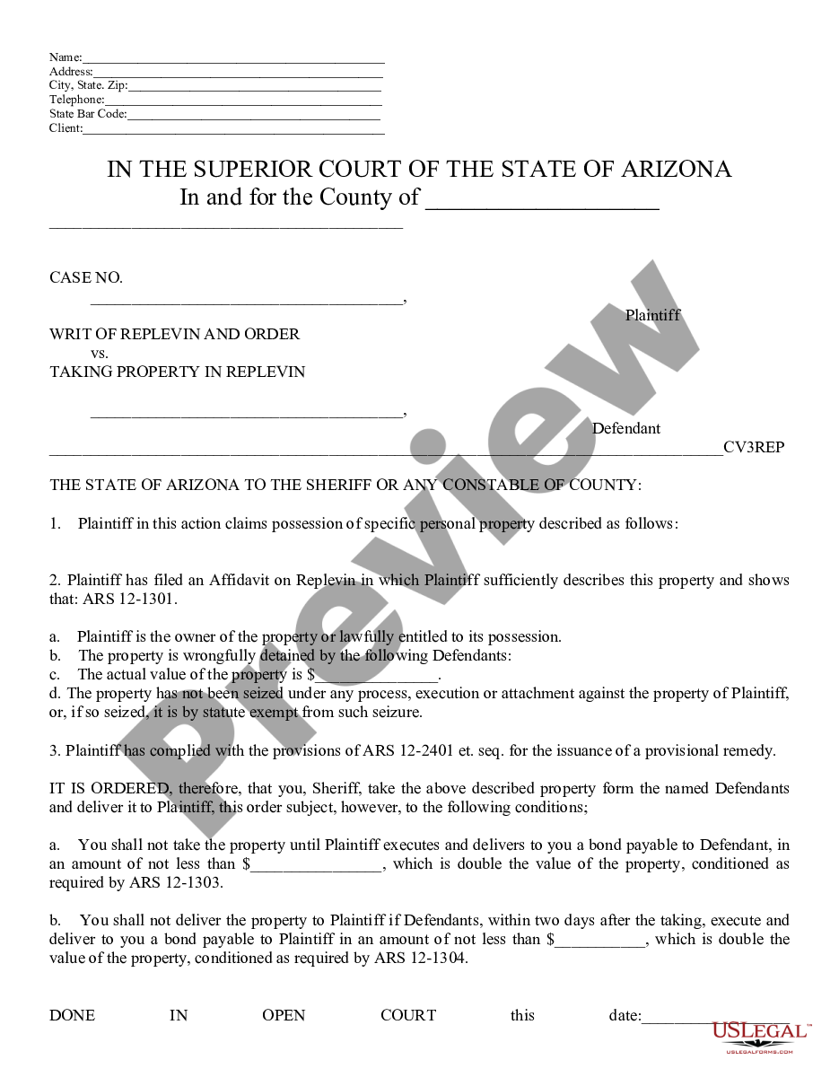 page 0 Order Taking Property in Replevin or Repossession preview