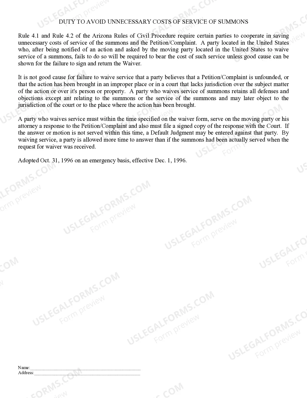 Preview Notice, Waiver, Acceptance of Service