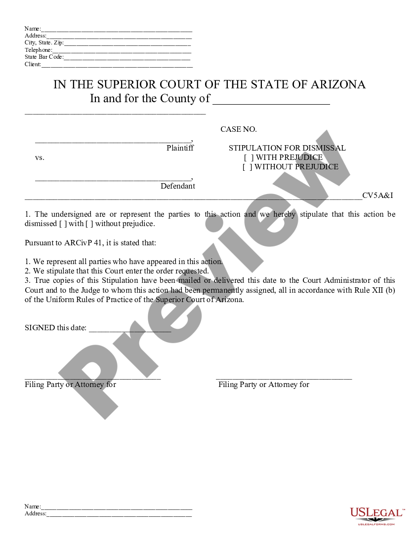 Arizona Stipulation and Order of Dismissal Stipulation Dismissal US