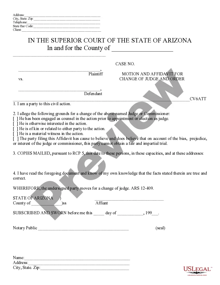 Preview Motion, Affidavit and Notice for Change of Judge and Order