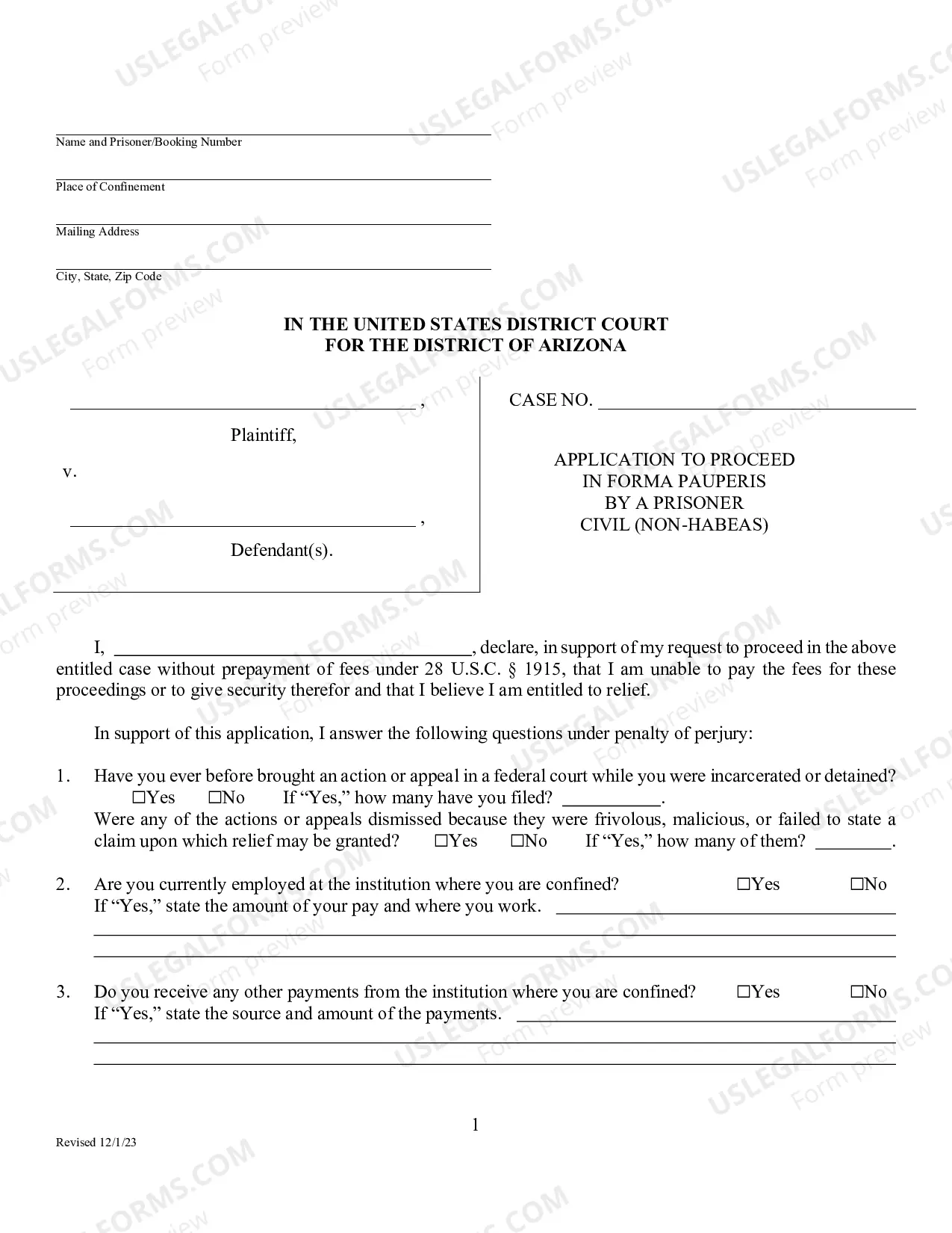 Preview Prisoner Form - Application to Proceed In Forma Pauperis by a Prisoner (Non-Habeas)