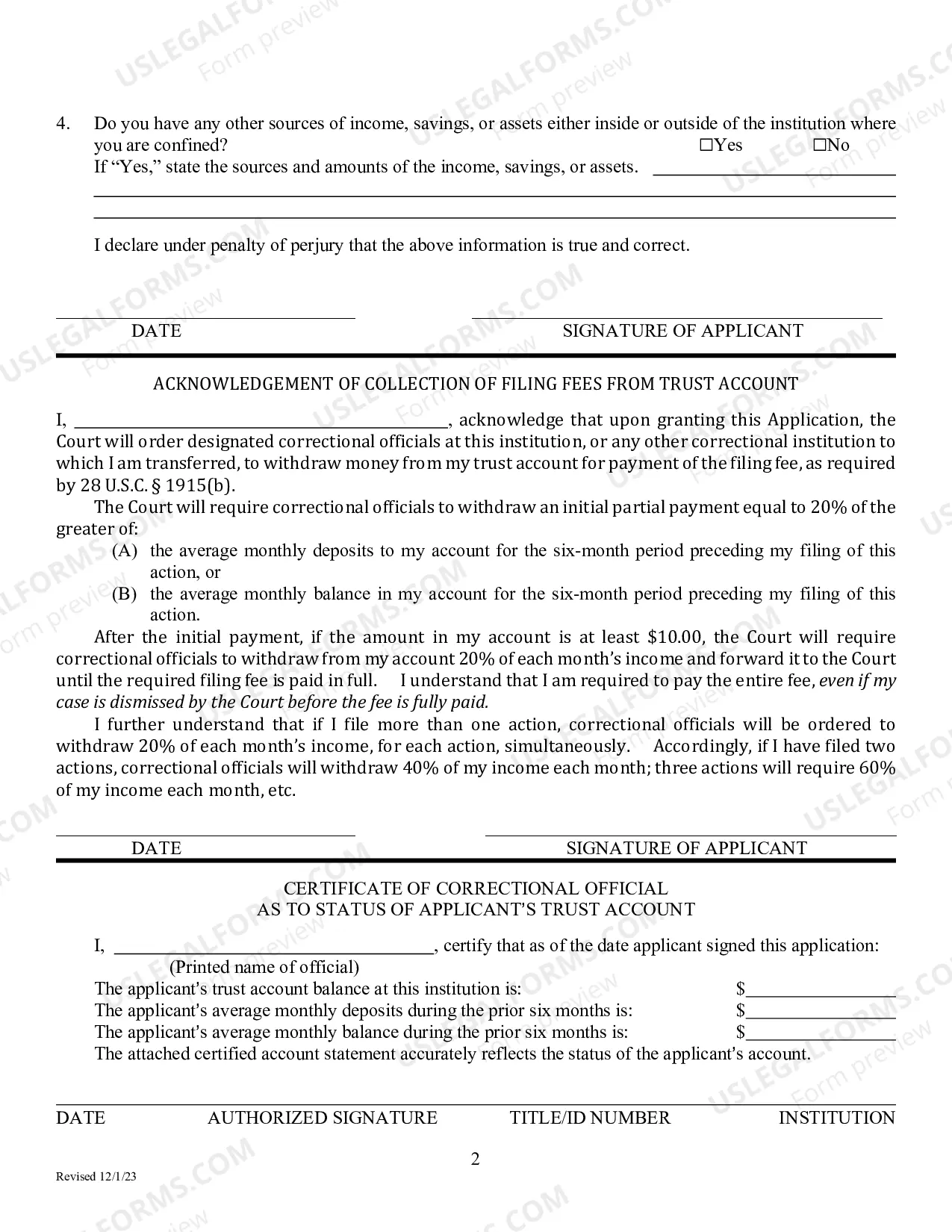 Preview Prisoner Form - Application to Proceed In Forma Pauperis by a Prisoner (Non-Habeas)
